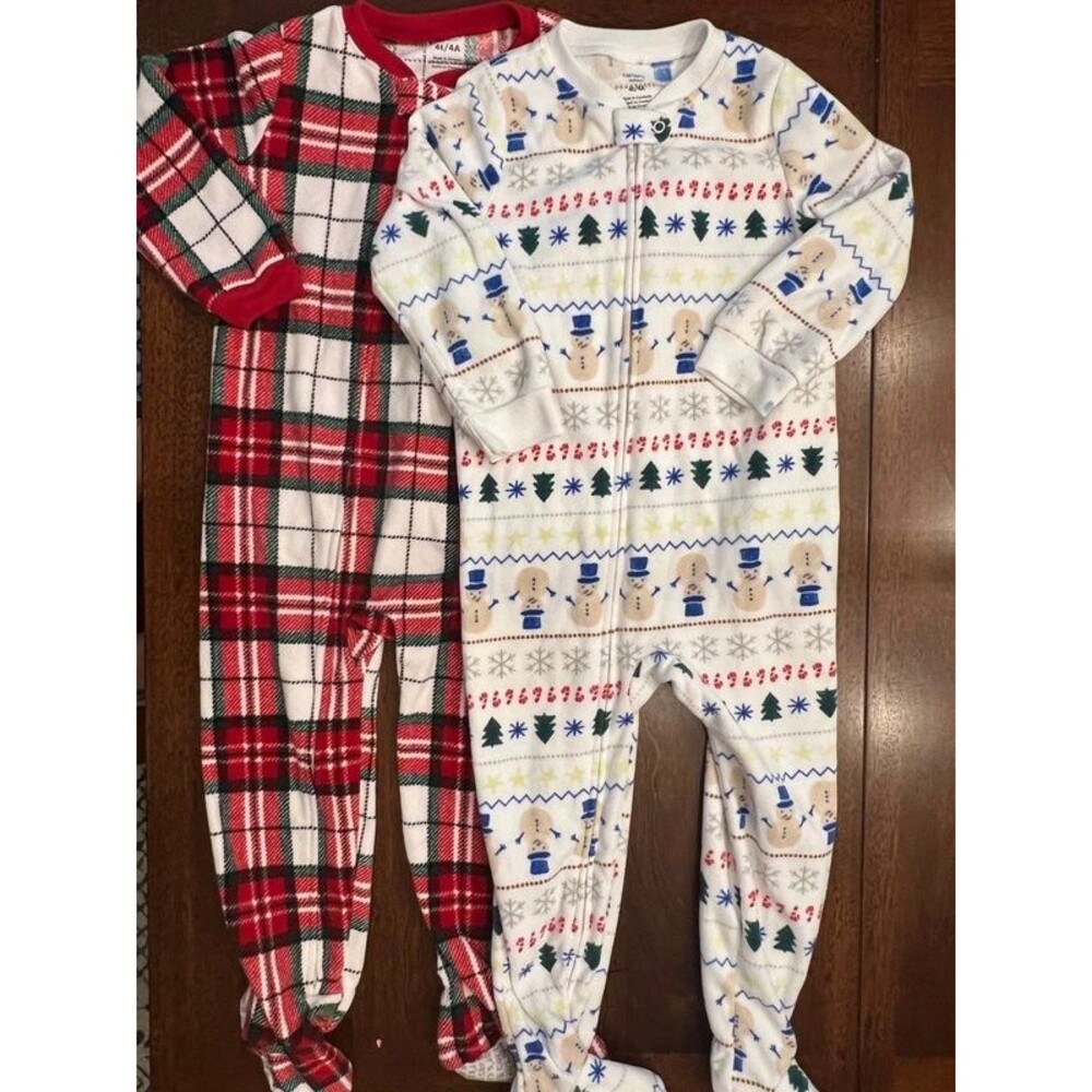 2 Toddler Zip Up Fleece Pajamas Holiday Plaid Winter Boys Girls Size 4T